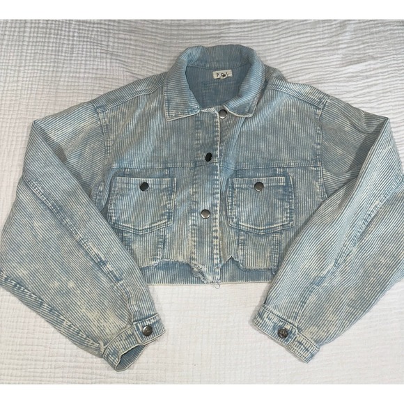 POL Cropped Corduroy Jacket Womens Medium Blue Distressed Denim Jean Style - Picture 1 of 5
